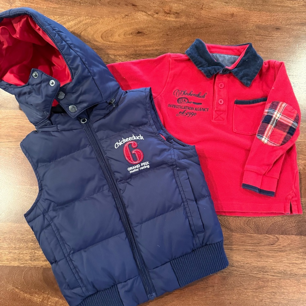 Size 4 Chickeeduck Puff Vest with hood and polo shirt